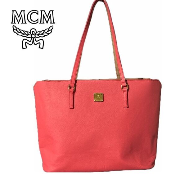 MCM‎ Hot Pink and Tan Saffiano Leather Large Tote Bag - Picture 1 of 7